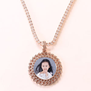 Real Silver Lab Grown Diamond Pinwheel Photo Pendant Custom <b>Memory</b> Round Pendant Necklace Chain Charm Mothers Day <b>Gift</b> Her - Product Image 2
