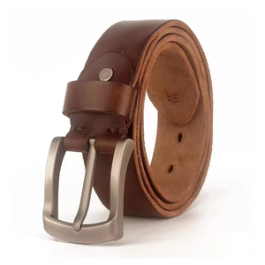 Ceinture en cuir véritable, cuir de vache, marron uni, boucle à ardillon rectangulaire argentée, style décontracté, durable, ceinture pour homme - Product Image 1