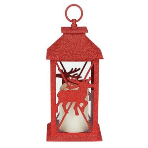 Lanterne de Noël rouge scintillante avec découpe renne, panneau en verre, support de bougie chauffe-plat suspendu, décoration de centre de table de fête - Product Image 1