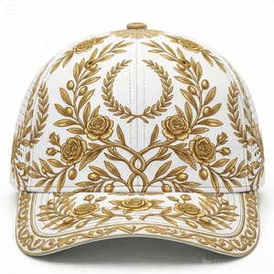 Gorra de Béisbol de Lona Bordada con Flores en Oro Blanco, de Lujo, Personalizada, de 6 Paneles, Unisex, con Cierre a Presión, Perforada con Corte Láser, para Viaje - Product Image 1