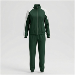 <b>Women</b> Green <b>White</b> Color Blocking Tracksuit Full Sleeve Zipper Stand Collar Sporty <b>Jogger</b> Set Autumn Breathable Polyester Cotton - Product Image 1