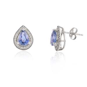 14K Gold Pear Cut <b>Blue</b> Sapphire Halo <b>Diamond</b> Stud <b>Earrings</b> - Product Image 5