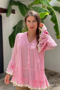 Women Simple Pink Embroidered 100% Organic Cotton Beach Cover Dress Deep V Neck Tassel Mini Kaftan Boho Summer Resort Wear - Product Image 2