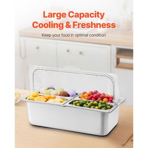 Vassoio da banco in acciaio inox a 4 scomparti per servire e presentare alimenti, con dispenser per condimenti e espositore per buffet - Product Image 3