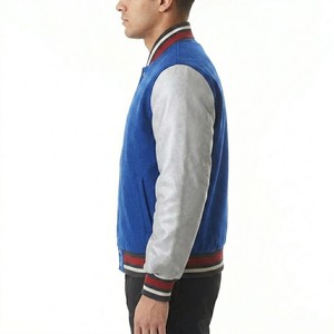 Men's Royal Blue Varsity <b>Jacket</b> With Silver Gray Contrast Sleeves Ribbed Stripe Collar Snap Button Front Casual Letterman - Product Image 3