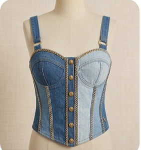 Denim <b>Patchwork</b> Corset <b>Top</b> Spaghetti Strap Button Front Fitted Bodycon Casual Wear All Seasons - Product Image 1