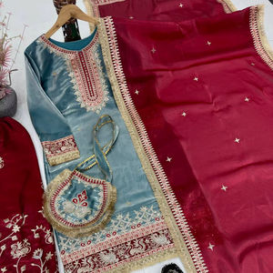 Designer Heavy Silk Embroidered Chine Sequence Work With Fancy Top Plazzo Dupatta Set - Product Image 4