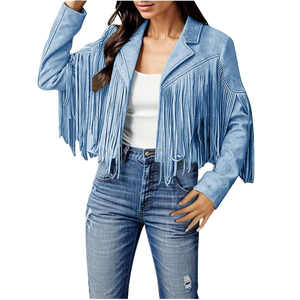 Chaqueta Corta Vintage Estilo Boho para Mujer, Color Azul Cielo, Gamuza con Flecos y Borlas, Manga Larga, Frente Abierto, Solapa, Transpirable, Acabado en Viscosa - Product Image 1