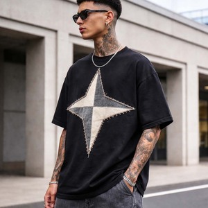 T-shirt décontracté pour homme en coton 100% noir, tricoté, surdimensionné, style sportif, effet usé, streetwear - Product Image 5