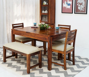 Ensemble de salle à manger extensible 6 places avec banc, finition miel, en bois de Sheesham, table à manger traditionnelle sculptée à la main - Product Image 2