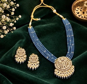 TISHYA DIAMOND Ethnic Gold Plated Copper Alloy Necklace Earrings Set <b>Blue</b> <b>Beads</b> Brilliant Cut Moissanite Imitation Pearl Jewelry - Product Image 2
