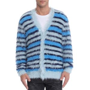 Custom LOGO Fuzzy Mohair Striped Sweater <b>Men</b> Fashion Long Sleeve Knitwear Winter Knitted Coat Furry <b>Men</b> Cardigan Mohair Sweater - Product Image 1