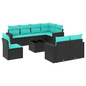 Ensemble de canapés de patio en polyrotin noir, 9 pièces, avec coussins, canapés de jardin - Product Image 2