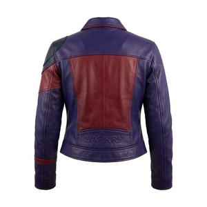 Genuine Real Leather Jacket <b>Womens</b> Purple Burgundy Colorblock Biker <b>Coat</b> Snap Button Turndown Collar Streetwear Outerwear - Product Image 2