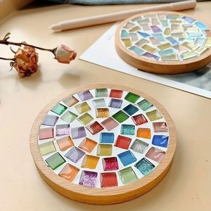 Ensemble de dessous-de-verre ronds en mosaïque de verre et bois, résistants à la chaleur, pour protéger la surface de la table, pour tasses à café, verres à vin et autres verrerie - Product Image 1