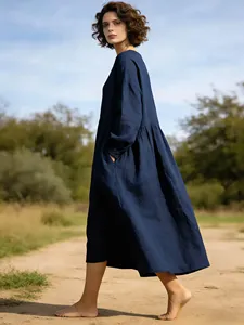 Women Plain Navy Blue <b>Boho</b> Maxi <b>Dress</b> <b>Long</b> Sleeve Loose Oversized Casual Cotton Linen Style <b>Dress</b> - Product Image 4
