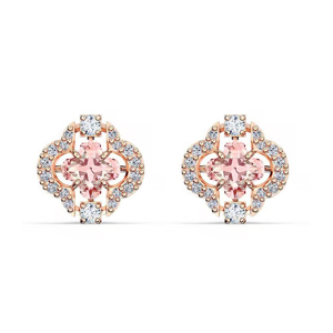 Boucles d'oreilles clous en verre rose plaqué or rose, taille ovale, avec halo de diamants taille brillant rond, bijoux pour femme - Product Image 1