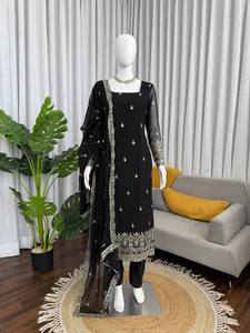 Traje Salwar de Georgette Foux Negro Bordado para Mujer, Ropa Tradicional India y Pakistaní para Bodas y Fiestas, Microalgodón de Secado Rápido - Product Image 5