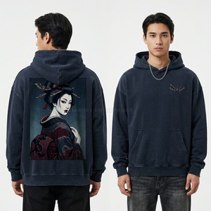 Sweat à capuche personnalisé pour homme en coton épais, délavé à l'acide, style streetwear, avec imprimé graphique œil et patch brodé, OEM - Product Image 4