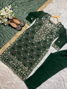 Secuencia de bordado de Georgette verde, trabajo indio Salwar Kameez con Dupatta para adultos, ropa de fiesta de tendencia - Product Image 5