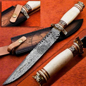 Nueva Edición de Cuchillo de Caza Personalizable de Acero de Damasco para Exteriores con Mango de Hueso de Camello y Latón, Cuchillo Bowie Afilado para Camping y Supervivencia - Product Image 1