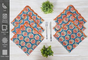 100% Cotton Handmade Square Napkins Indian Floral Embroidery Hand <b>Block</b> <b>Printed</b> Design in Blue Orange Colors 4PCS - Product Image 5