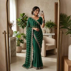 Designer Fandy Satin Fabric With Hand Embroidery Cut Dana Sequence Work Lehariya And Border In All Over <b>Saree</b> With Blouse - Product Image 6