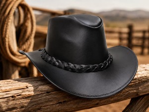 Genuine Leather Leather Cowboy <b>Hat</b> Black <b>Western</b> Ranch Style Handmade Braided Band Unisex Wholesale Fashion Cap - Product Image 4