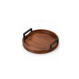 Plateau de rangement rond en bois avec incrustation de marbre et poignées en forme de branche dorée, design minimaliste pour utilisation sur table, à un seul niveau - Product Image 3
