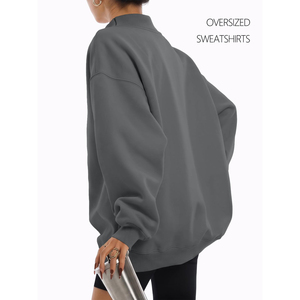<b>Women's</b> <b>Dark</b> <b>Grey</b> Oversized Mock Neck Sweatshirt Striped Long Sleeve Pullover Custom Logo Fleece Knit Top for Autumn - Product Image 5