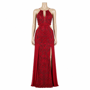 Luxury Red Embroidered Evening Gown for Women | High Slit Halter Neck Formal Maxi Dress | Elegant Prom Wedding Reception Party - Product Image 1