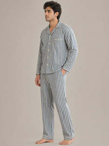 Pijama clásico de manga larga para hombre, transpirable, de poliéster/algodón, con rayas celestes - Product Image 3