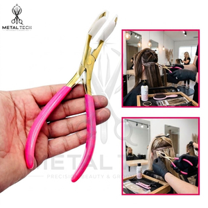 Pince à extensions capillaires en titane doré, corps en acier inoxydable, mâchoires en silicone blanc, poignées roses, pince de pose d'extensions adhésives - Product Image 5