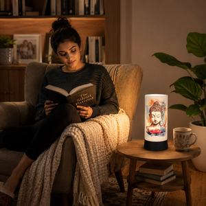 Lampe de table LED imprimée Bouddha avec abat-jour en lin |   Lampe de chevet pour la méditation spirituelle |   Décoration de salon, décoration intérieure, ambiance chaleureuse - Product Image 2