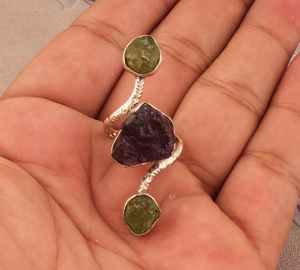 Luxury Natural Amethyst and <b>Peridot</b> Row <b>Ring</b> Elegant 925 Sterling Silver Gold Plated Statement Band High-Quality - Product Image 3