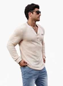 Oneten Apparel <b>Men's</b> Beige Long Sleeve V-neck <b>Henley</b> <b>Shirt</b> Breathable Casual Polyester Spandex Waffle Knit Front Logo Top - Product Image 3