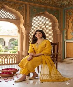 Conjunto de Kurti de Algodón con Tejido Jacquard de Lujo, Top y Pantalón con Dupatta, Ropa Festiva de Secado Rápido, Precio al por Mayor, Multicolor - Product Image 2