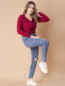 Sudadera con capucha y cremallera para mujer, talla grande, color liso, manga larga, informal, para otoño, con bolsillos laterales, de poliéster de peso medio, ajuste cómodo - Product Image 4