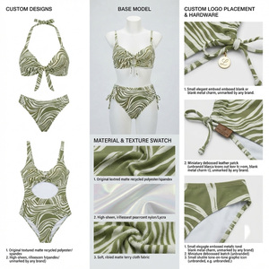 Ensemble bikini côtelé vert pour femme, haut triangle à col ras du cou, bas échancré, bordure contrastante, en Spandex et Polyester extensible, écologique - Product Image 5