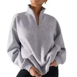 Womens Light Grey Half Zip Sweatshirt Premium Heavyweight Fleece Pullover Oversized <b>Mock</b> <b>Neck</b> Athletic <b>Top</b> - Product Image 4