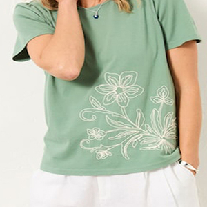 New Arrival Mid Green Floral Embroidered T-Shirt 100% Soft Cotton Women's Lightweight T-Shirts Quick Dry Women's Shirts - Product Image 3