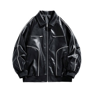 <b>Men's</b> Black PU Bomber <b>Jacket</b> Moto <b>Biker</b> Style Turn-Down Collar Zipper Closure Solid Color Regular Fit Leather <b>Jacket</b> - Product Image 1