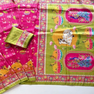 VASTRA COTTAGE Saree de Seda Suave con Jacquard Jari en Toda la Prenda y Estampado Digital Kalamkari, Saree de Diseño con Blusa con Ribete Doori - Product Image 2