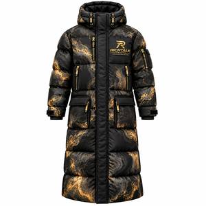 <b>Men's</b> Hooded <b>Long</b> Puffer Jacket <b>Black</b> Gold Print Windproof Down Winter Sporty Zipper Closure Thick Polyester <b>Coat</b> - Product Image 1