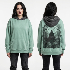 Sudadera con capucha naranja quemado personalizada para mujer, dos tonos, capucha negra, estilo urbano desgastado, gráfico de calavera con corona vampírica, jersey oversize - Product Image 2