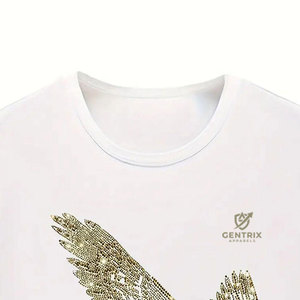 Men's White Short Sleeve Rhinestone T-<b>Shirt</b> <b>Gold</b> Foil Print Fashion Wear O-Neck Oversized 100% Cotton Breathable Eco-Friendly - Product Image 3