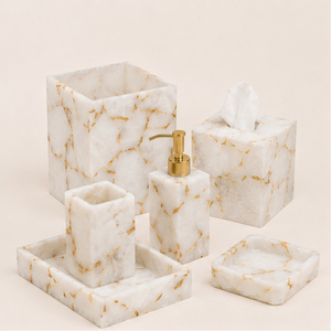 Ensemble d'accessoires de salle de bain 6 pièces en marbre blanc naturel avec pompe dorée, distributeur de savon en pierre artisanal, boîte à mouchoirs et bac à déchets - Product Image 3
