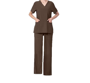 Ensemble de blouses médicales marron pour femmes, coton et polyester, uniforme d'hôpital, pantalon inclus, col en V, manches courtes - Product Image 1