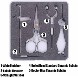 Juego de 5 herramientas manuales para atado de moscas, incluye bobinas de cerámica, herramienta para acabado de flecos, tijeras, enhebrador de bobinas, de acero ergonómico, de Blush Surgical - Product Image 3
