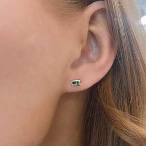 Emerald Dainty Green Stone Bar Stud <b>Earring</b> 14K Solid Gold Bezel Set <b>Post</b> With Push Back Stackable Everyday Wear Studs Wholesale - Product Image 6